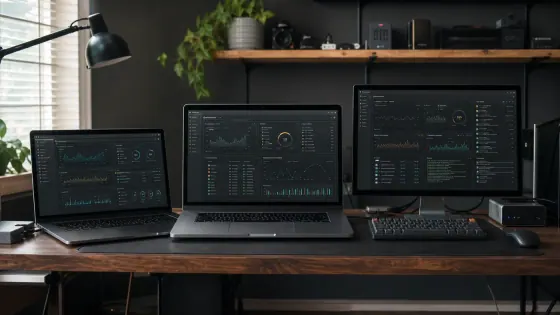 Three computers showing local monitoring dashboards in a home lab