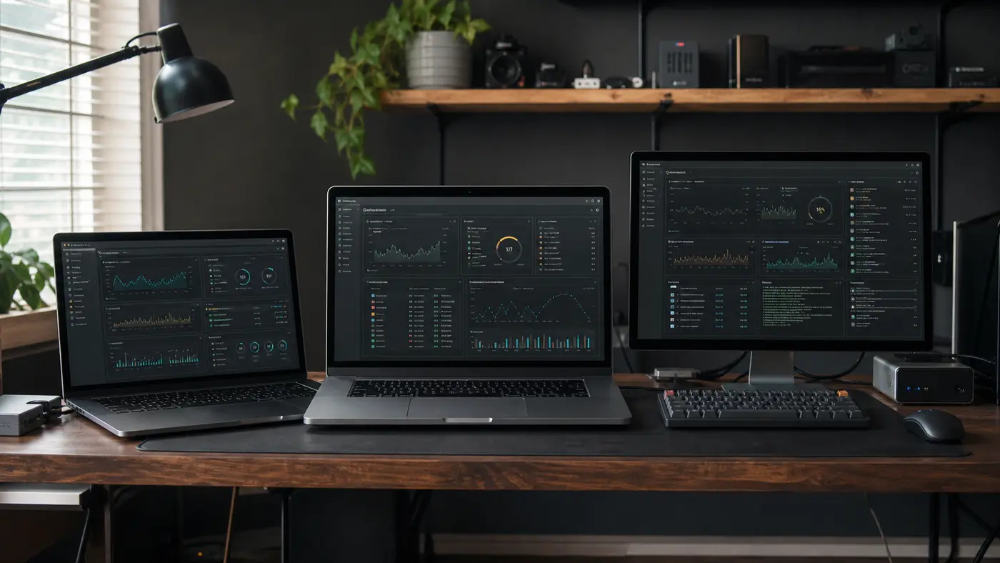 Three computers showing local monitoring dashboards in a home lab